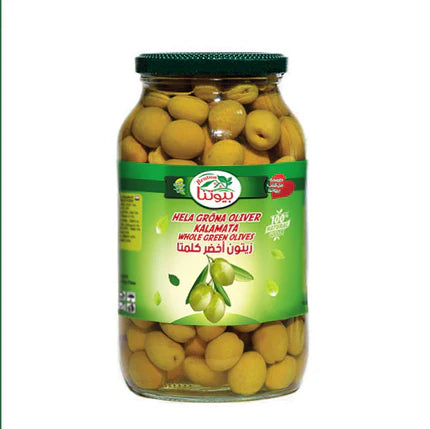 Beutna gröna oliver hela Kalamata 1300g.